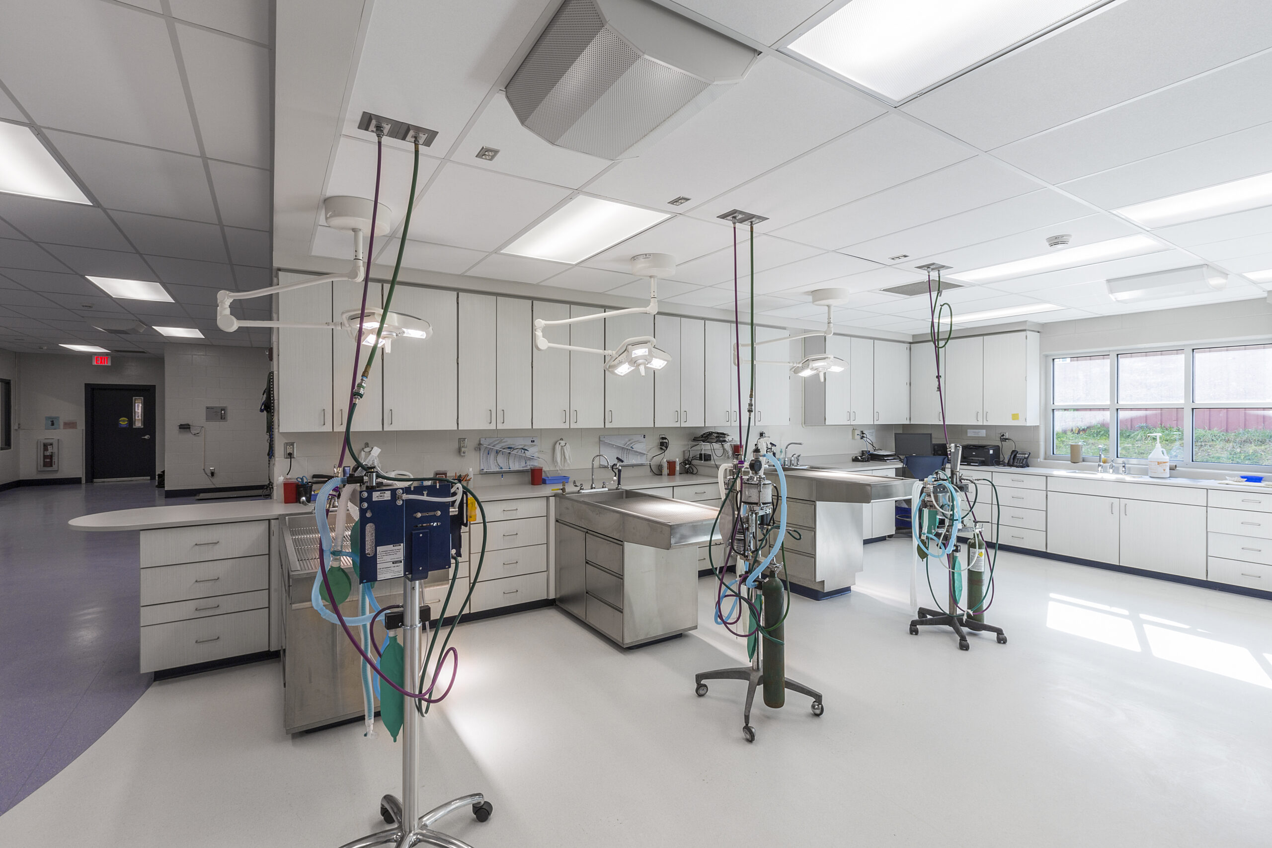 Examining tables in empty animal hospital